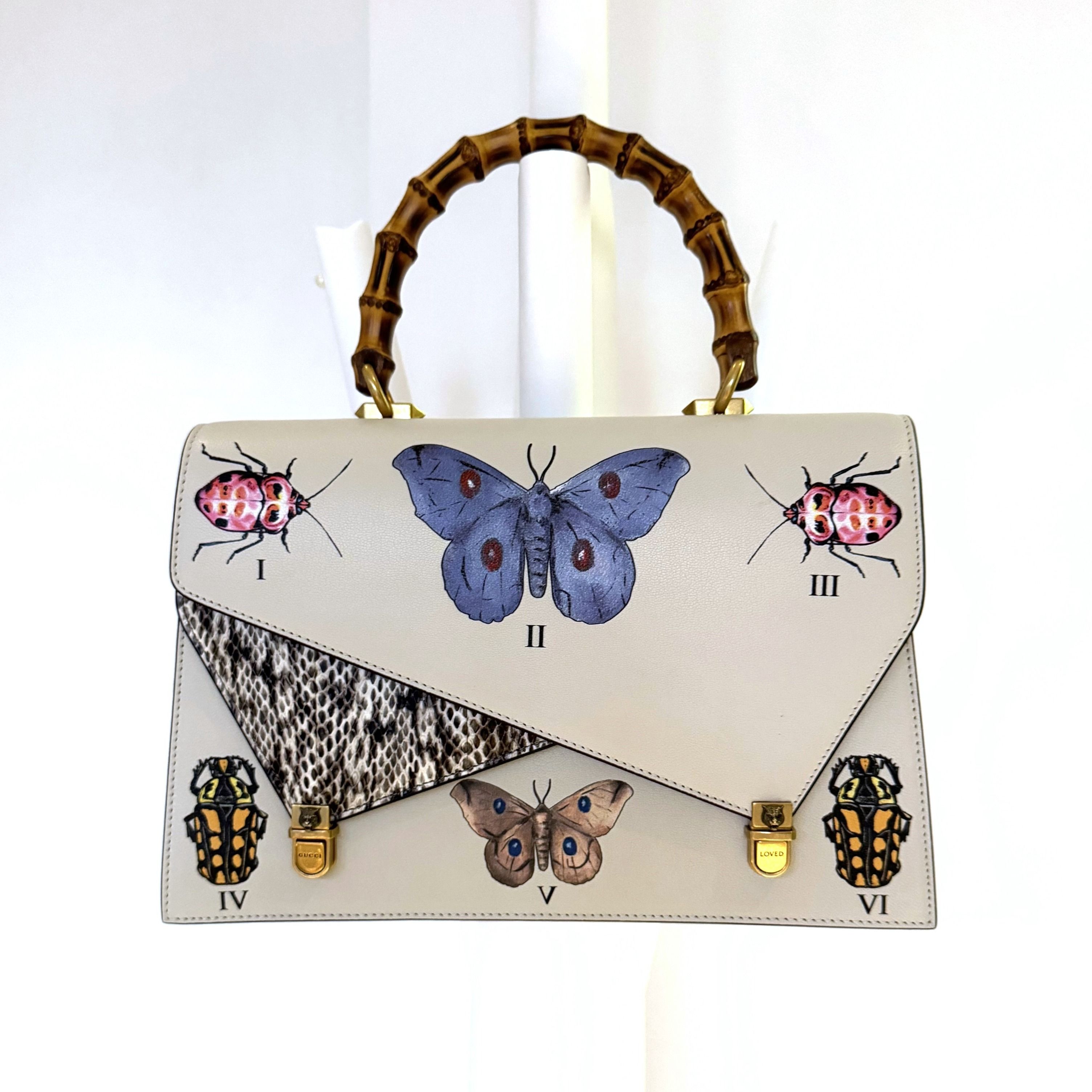 Gucci Cream Leather Ottilia Bag with Bamboo Handle and Insect Prints Limited Edition