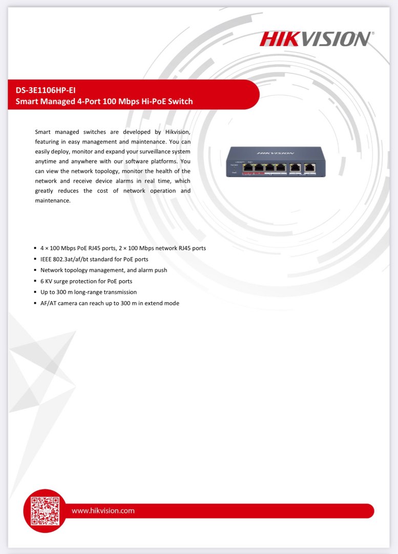 Hikvision 4 Port PoE Switch , Smart Managed 100Mbps HiPoE Switch with