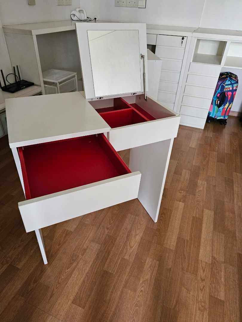 ikea brimnes dressing table, ikea white steel drawer, loberget chair