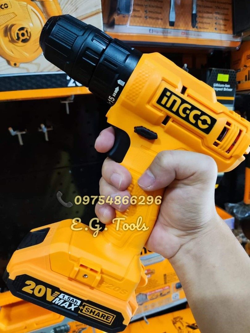 INGCO 20V LITHIUM-ION CORDLESS DRILL - CDLI20032 (Category: Construction Tools & Equipment) located in Caloocan City. Submitted by emgaile (Listing ID 1265740408, Image 1). Description: INGCO 20V LITHIUM-ION CORDLESS DRILL - CDLI20032 SPECIFICATION : Voltage:20V No-load speed: 0-400/0-1500rpm Max torque: 40Nm Chuck capacity: 0.8-10mm Torque settings: 15+1 Mechanical 2-speed gear Integrated work light INCLUSION : 1Pcs 25mm Cr-V bits 1Pcs 1.5Ah bat