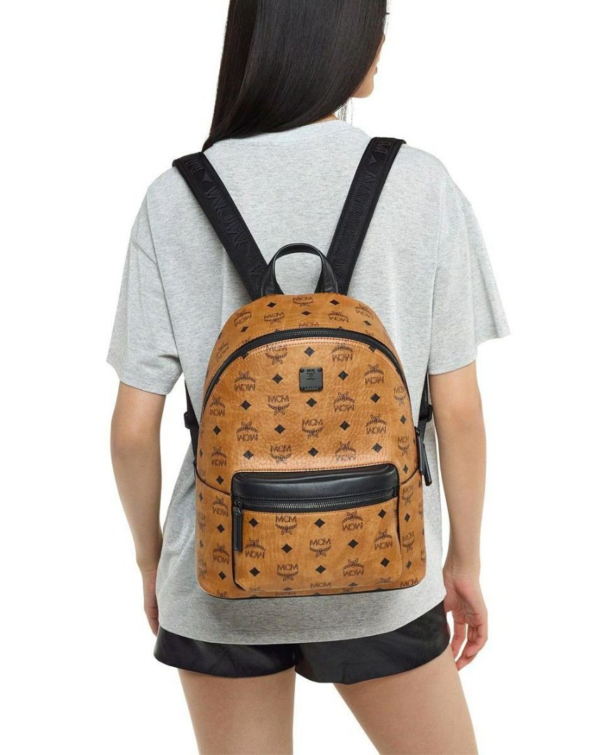MCM Small Stark Backpack in Visetos and Nappa Leather Cognac Size