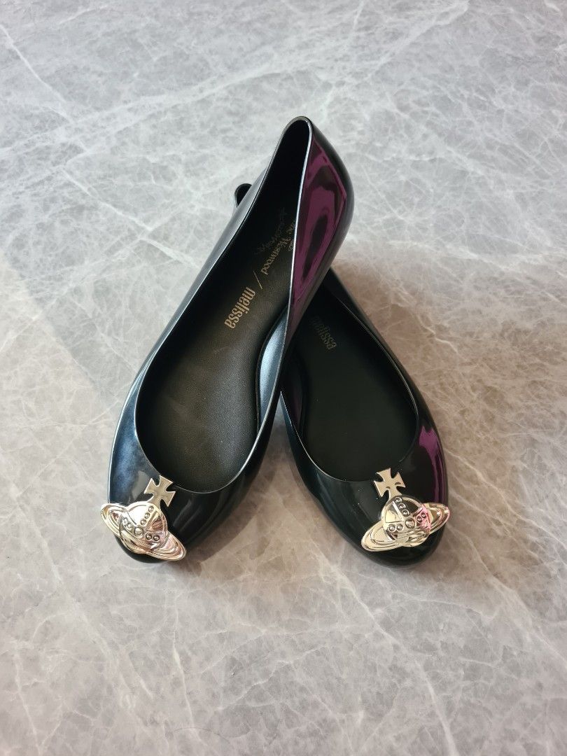 MELISSA VIVIENNE WESTWOOD BLACK FLATS WITH SILVER HARDWARE