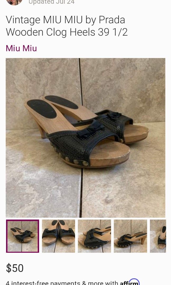 Miumiu Vintage Clogs (Category: Flats & Sandals) located in Cebu City. Submitted by purseandshoeaddictcebu (Listing ID 1265903045, Image 2). Description: Authentic MiuMiu Wooden Clogs US size 8 Signs of use *wood chip in front and back see photo reference RFS: No longer fits me #everyonewins.