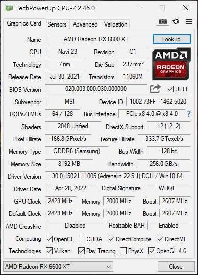 MSI Radeon™ RX 6600 XT GAMING X 8G ( 6600xt 有保養到2024年8月