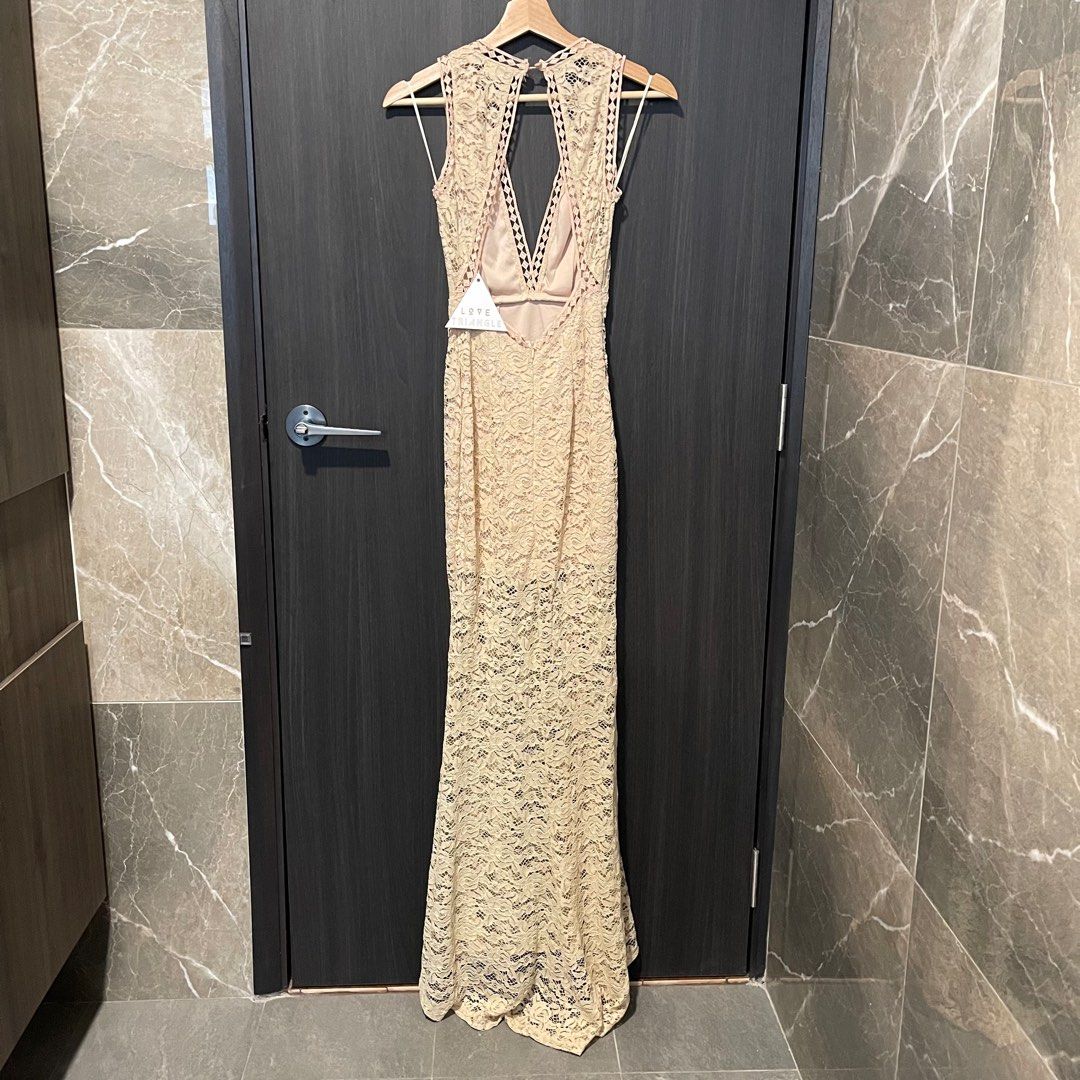 NWT Sz UK 6 ASOS love triangle lace plunge front maxi dress nude beige