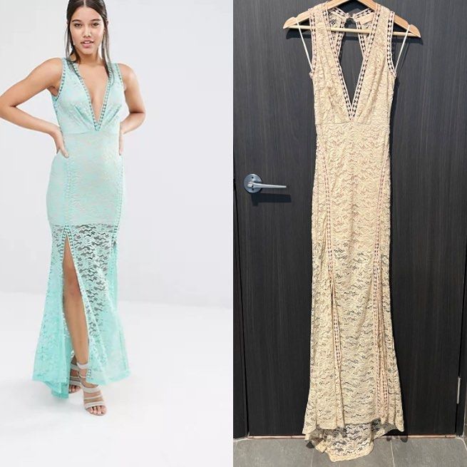 Love Triangle Plunge Front Maxi Dress With Eyelash Lace Train In Navy, $17, Asos