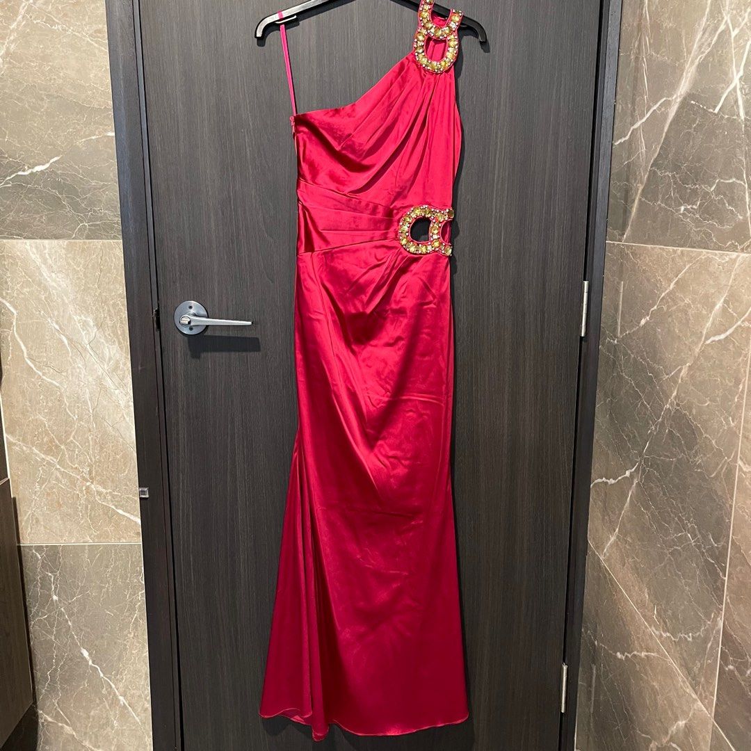NWT Sz Uk 6 Jane Norman berry red jewelled cut out one shoulder