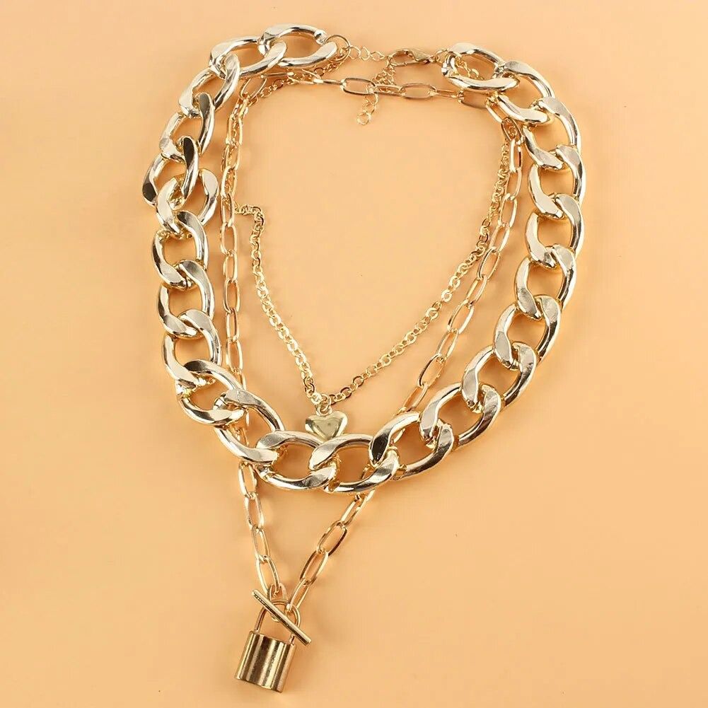 Stainless Steel Letter Love Lock Pendant Thick Chain Necklace Female Fashion Retro Exaggerated Punk Style Party,Temu