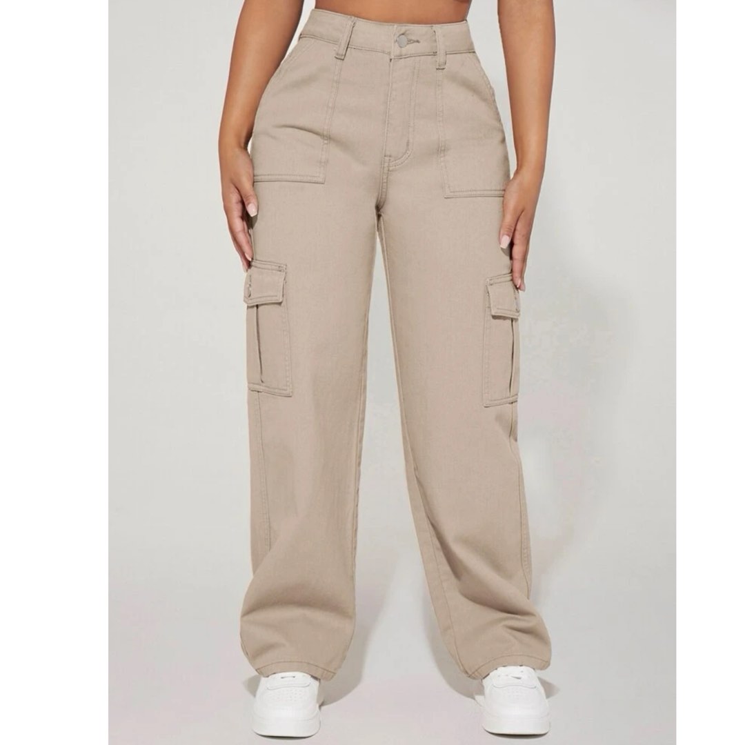 Shein Khaki Pants high waist pocket side cargo jeans petite size xxs camel  brown