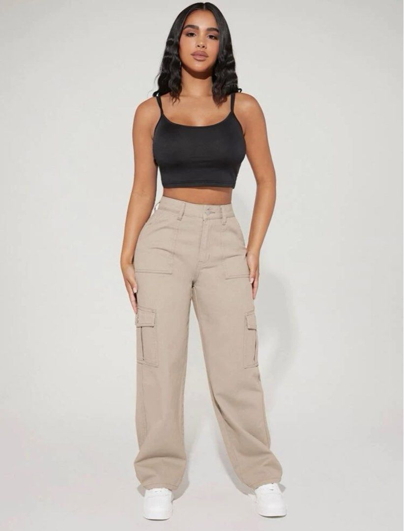 Shein Khaki Pants high waist pocket side cargo jeans petite size