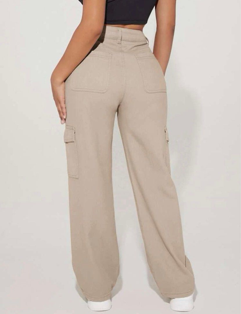 Shein Khaki Pants high waist pocket side cargo jeans petite size xxs camel  brown , Women's Fashion, Bottoms, Jeans & Leggings on Carousell