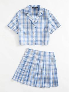 Shein Plaid Print Pleated Crop Blouse and Skirt Outfit Set (Gingham Korean Blue Coordinates)