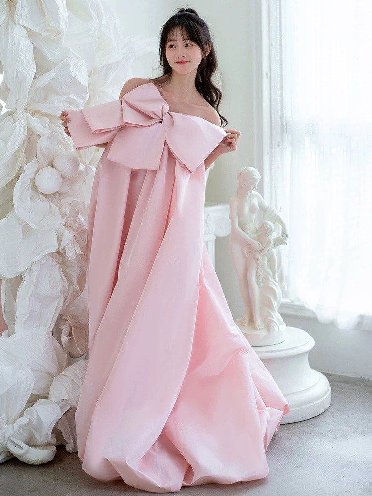 Tube top big ribbon pink dress dinner gown Women s Fashion