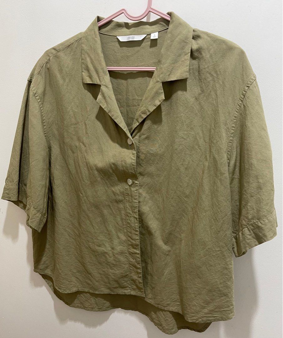 Uniqlo Linen Blend Open Collar Short Sleeve Shirt, Women's Fashion, Tops,  Blouses on Carousell