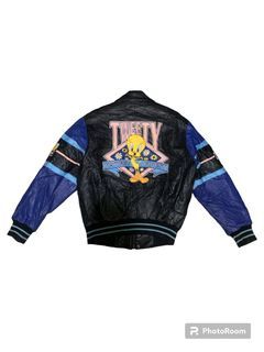 Vintage 1998 Looney tunes tweety ribbed leather jacket