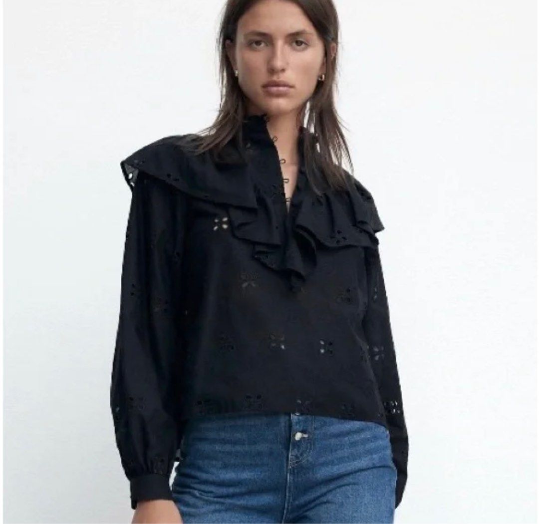 Zara embroidered blouse with ruffles store