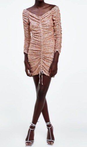 Zara Gold Sequin off shoulder ruched dress, Women's Fashion, Dresses &  Sets, Evening dresses & gowns on Carousell