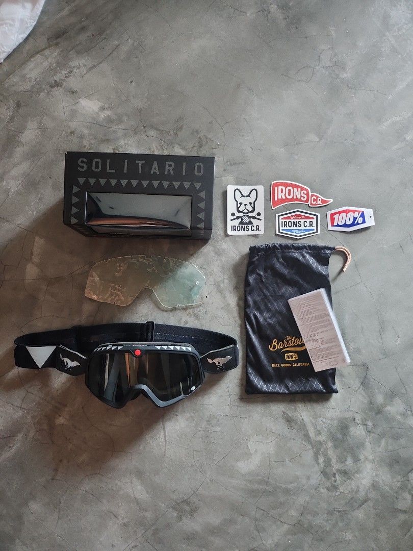 100% Barstow X Solitario Goggles (Category: Motorcycle Accessories) located in Singapore. Submitted by gogobowelranger (Listing ID 1265988596, Image 2). Description: Very lightly used goggles bought for my shoei ex-zero but have since sold the helmet and have kept it in box. Bought from Irons CR, Barcelona for 120euros. Please don't low ball because I'll just rather keep it if you text me "80 for a quick deal".