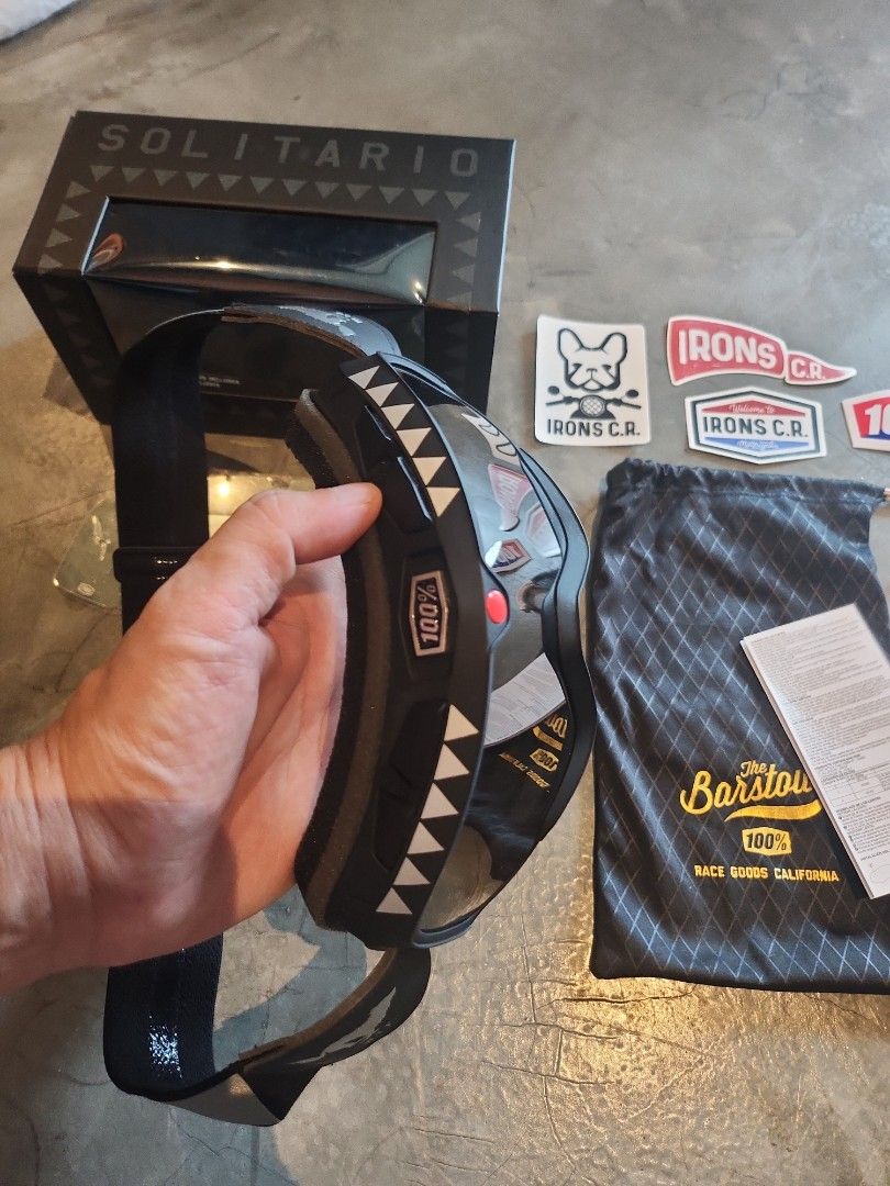 100% Barstow X Solitario Goggles (Category: Motorcycle Accessories) located in Singapore. Submitted by gogobowelranger (Listing ID 1265988596, Image 3). Description: Very lightly used goggles bought for my shoei ex-zero but have since sold the helmet and have kept it in box. Bought from Irons CR, Barcelona for 120euros. Please don't low ball because I'll just rather keep it if you text me "80 for a quick deal".