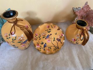 ***ON SALE*** 3Piece Set Handpainted Jar Plate Vase Dried Flower Arrangement Wobble Plate Entrance Ornaments