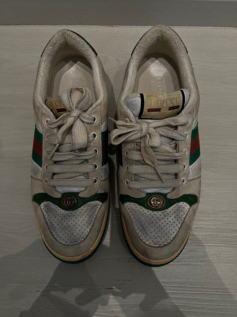 Authentic Gucci acid wash distressed leather logo sneakers