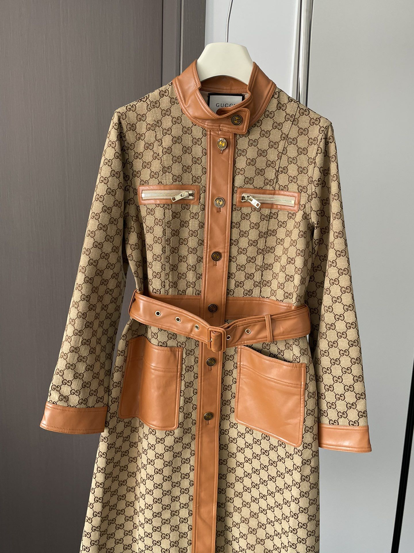 Authentic gucci New Style Letter Jacquard Leather Long Windbreaker Jacket