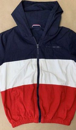 BM inspired red white blue striped colourblock jacket Women s