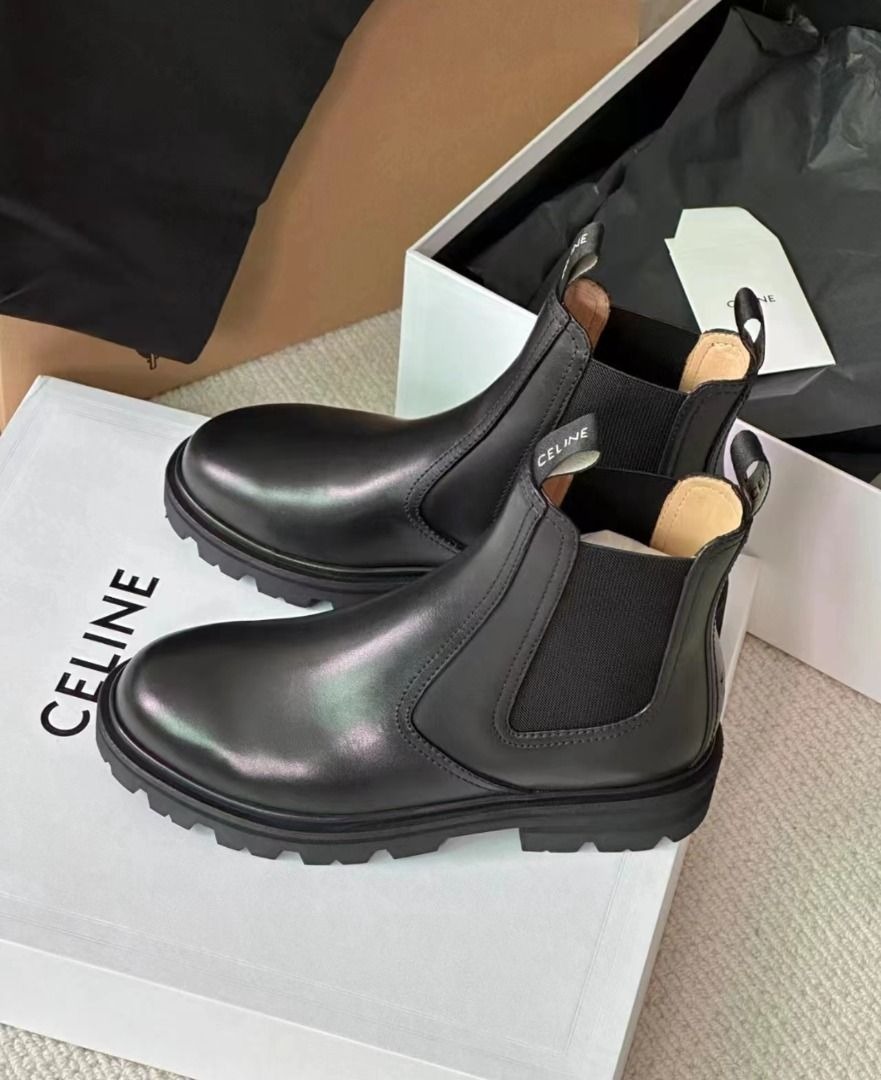 CELINE Chelsea Soft Cow Leather Short Boots Black Unisex style