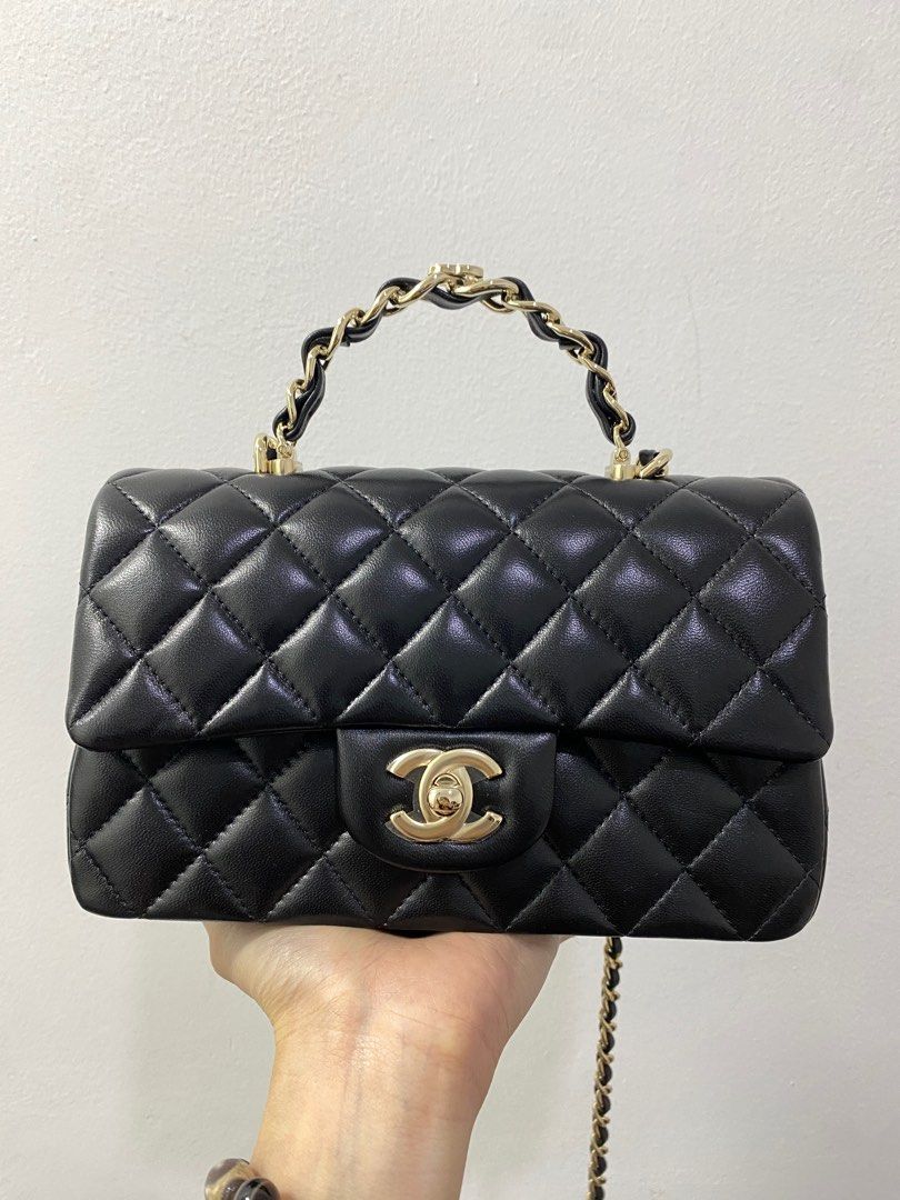 Chanel Mini Rec with CC Handle in Black Lambskin LGHW, Luxury