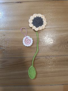 Crochet sunflower bookmark and fish cake charm SET