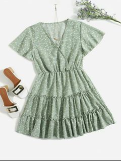 Ditsy Floral Overlap Collar Ruffle Hem Dress