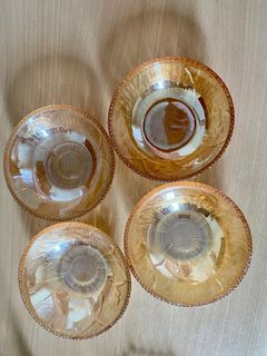 金光闪闪 🔆🔆🔆🔆  Glassware (b) Orange/Golden Oil Slick Finish/ Iridescent D 10.5 cm shallow glass bowls X 4 🍨 great for 🍨 