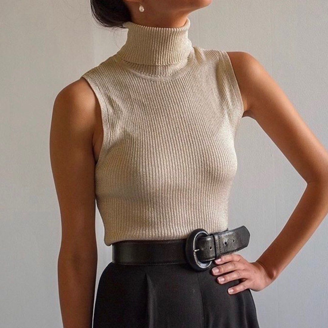 Gold Turtleneck Sleeveless Cap Sleeve Knit Ann Taylor Club Monaco
