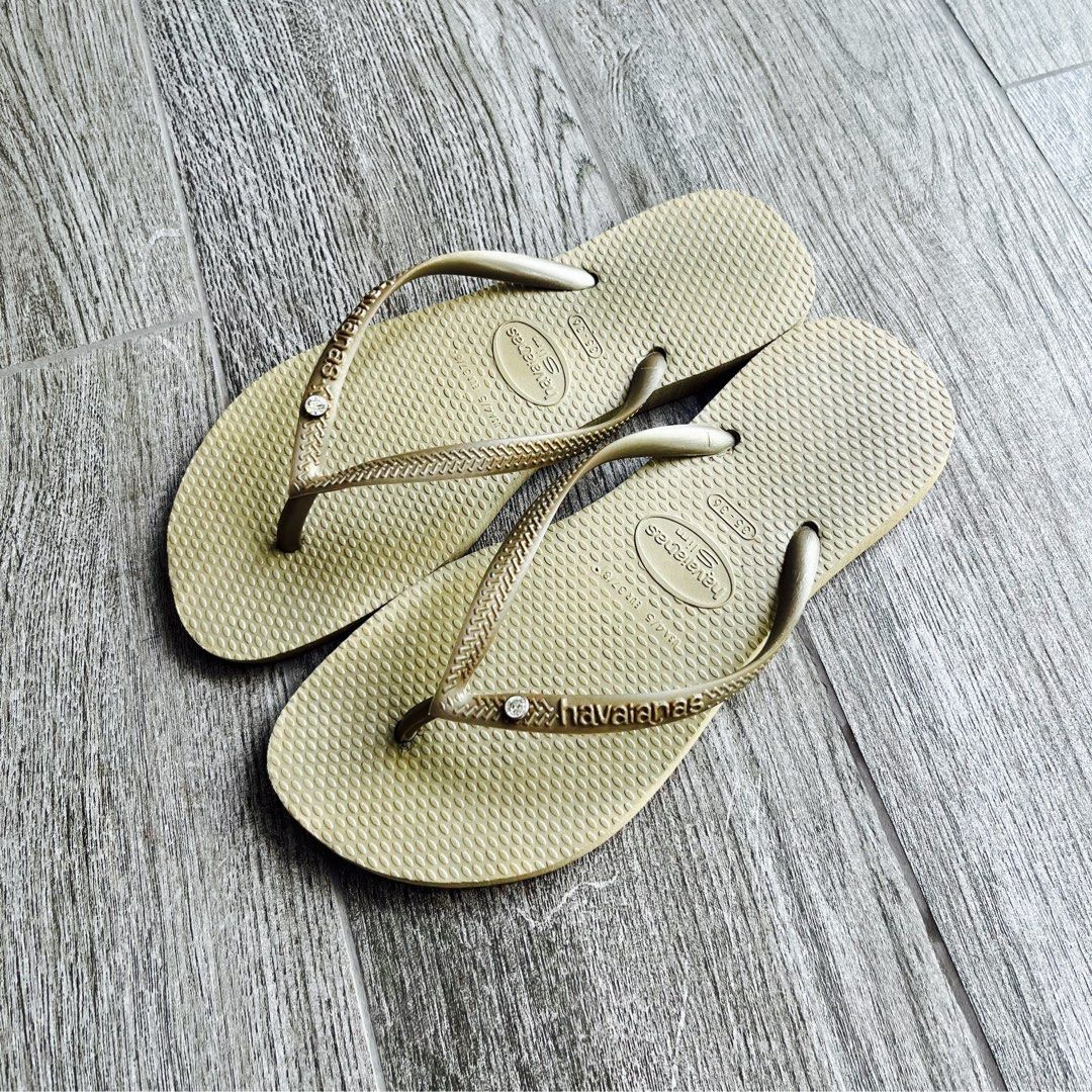 Havaianas Slippers Havaianas Gold Slim Crystal SW Flip Flops Logo with Diamond Crystal Stud Women Slide On