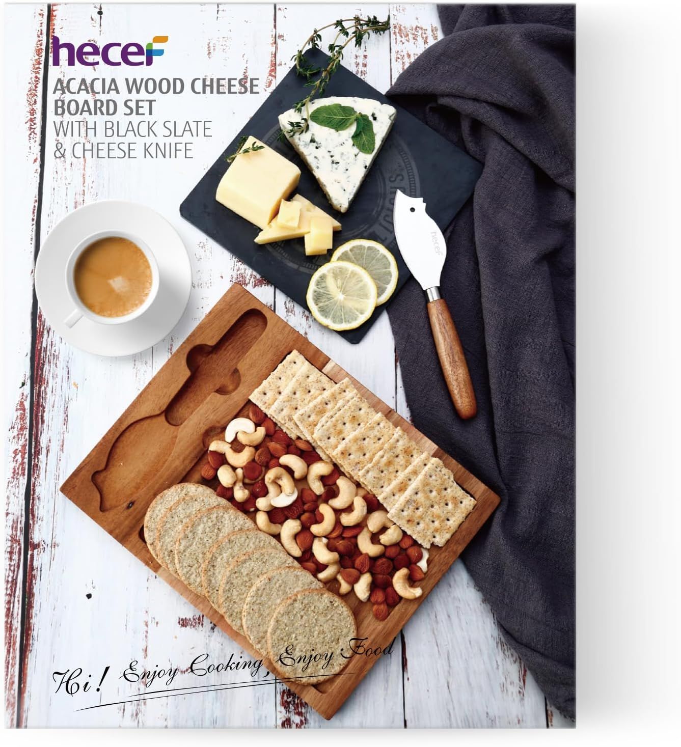 hecef Acacia Wood Cheese Board Set with Black Slate & Cheese knife ...