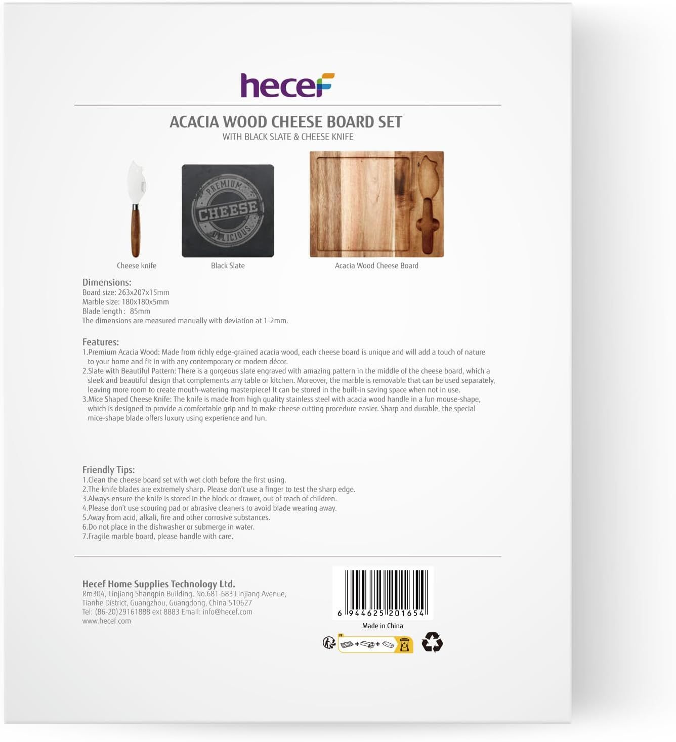 hecef Acacia Wood Cheese Board Set with Black Slate & Cheese knife