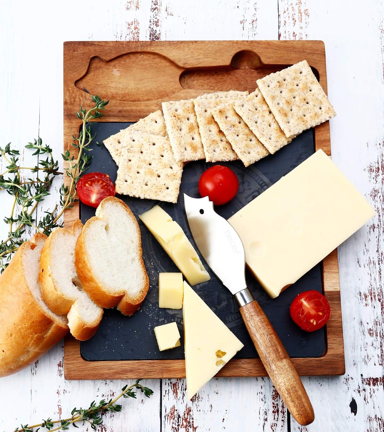 hecef Acacia Wood Cheese Board Set with Black Slate & Cheese knife