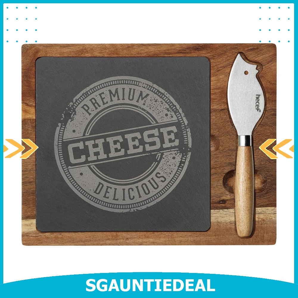 hecef Acacia Wood Cheese Board Set with Black Slate & Cheese knife