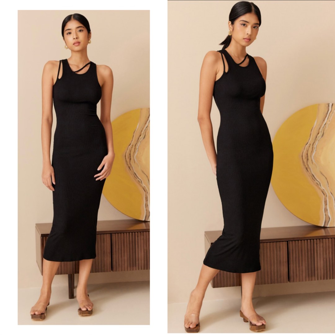Krista Asymmetrical Strap Midi Dress (Black)