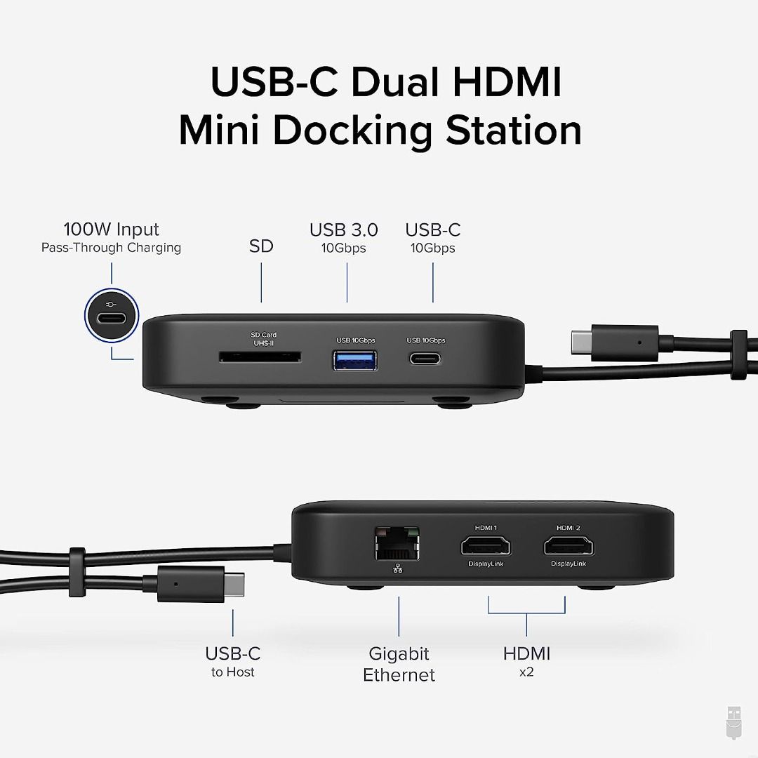 USB-C or USB-A Docking Station, for 2 HDMI monitors, DisplayLink