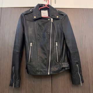 Mango Genuine Leather Jacket black motor