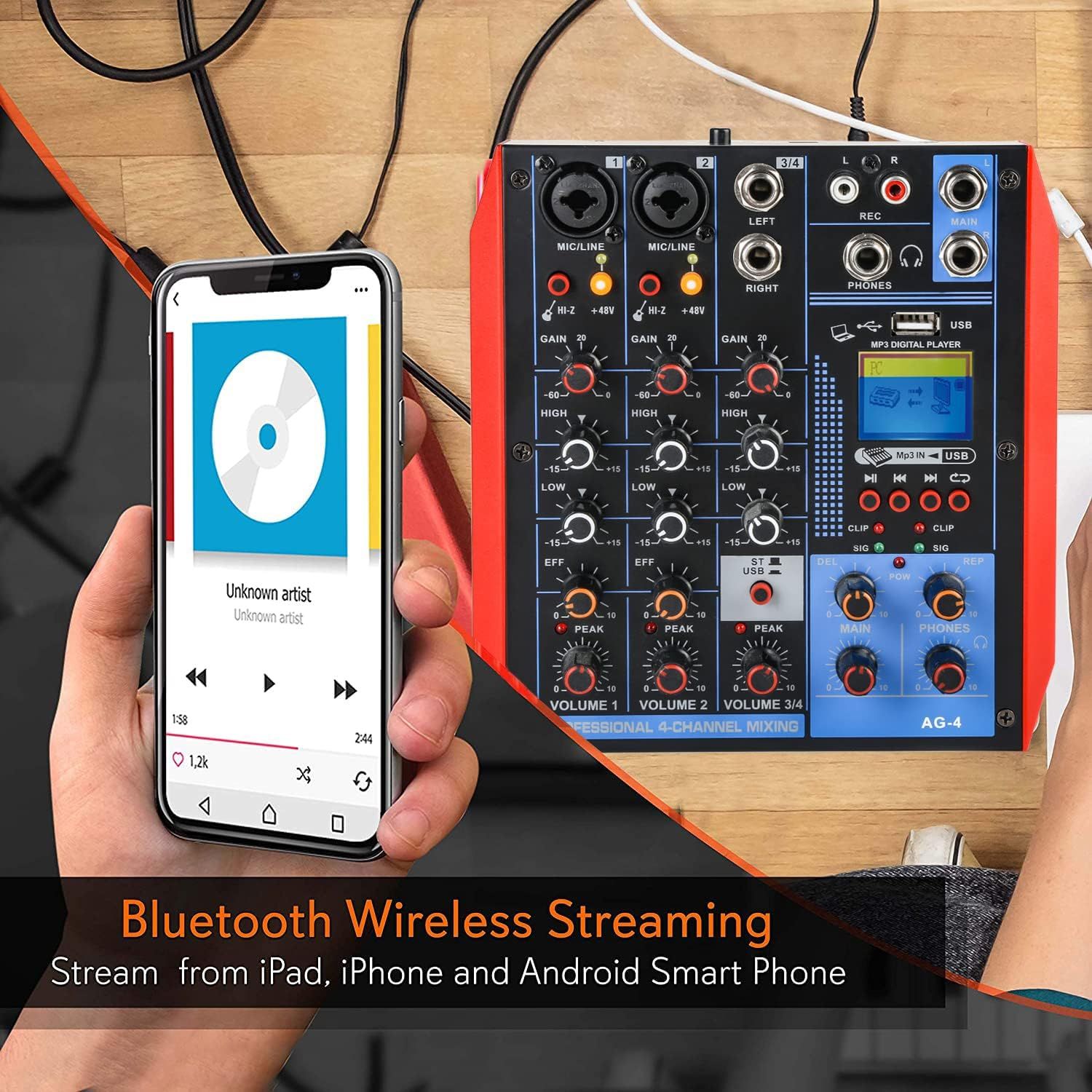 4-Channel Audio Mixer With Bluetooth - USB Studio Mixer With 48V Phantom Power