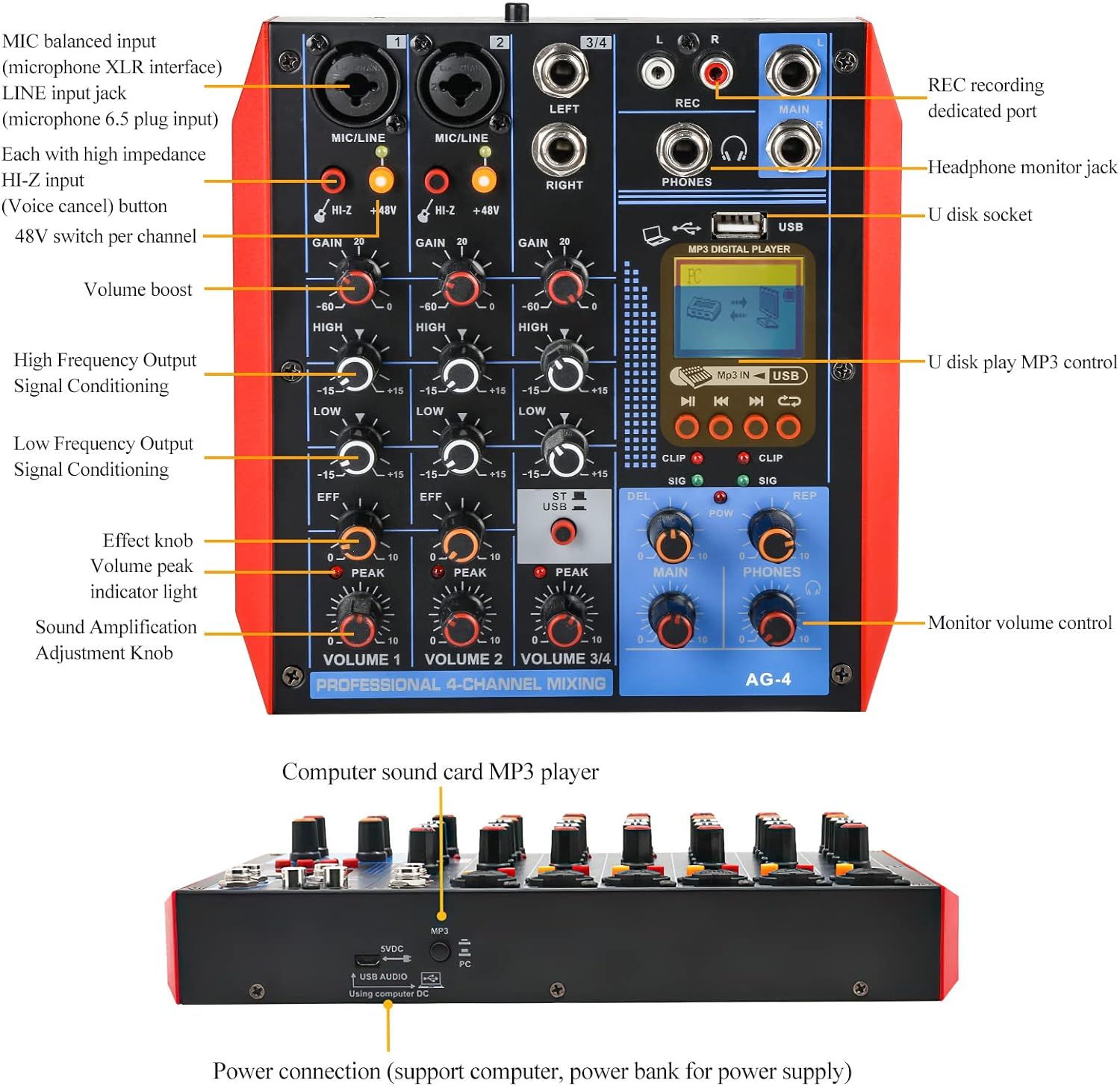 Mixers Audio 4 Channel Mixer, Dj Mixer Board Mixer Audio Bluetooth MP3 ...