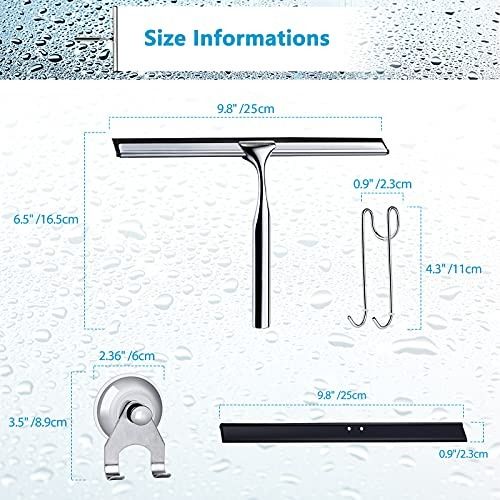 Love-KANKEI Shower Squeegee Shower Doors Glass Squeegee with 1 Replacement Rubber Blade and Hook Wall Mount Stainless Steel Wiper Bathroom Squeegee