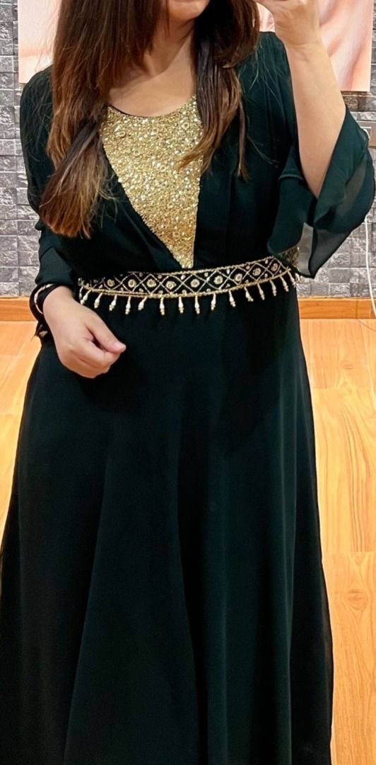 Ready SG Stock Georgette Party wear Designer V Neck Embroidered One piece Gown with Dupatta Indian Dresses