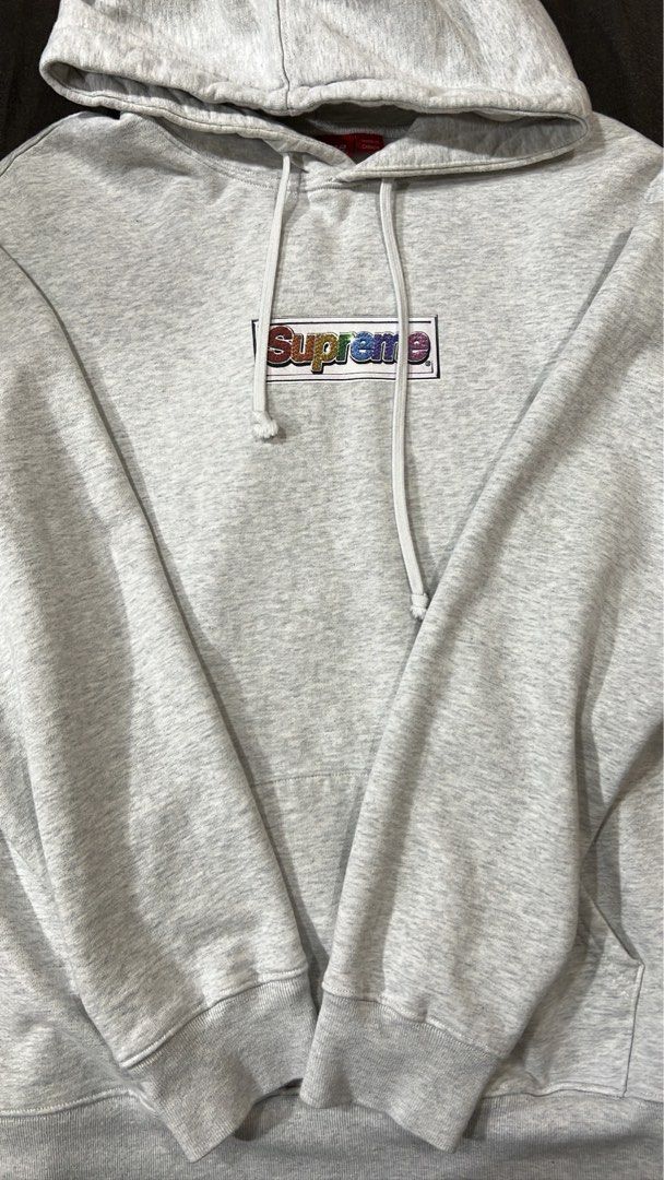 Supreme Bling Box Logo Hooded Sweatshirt Ash Grey, 他的時尚, 上身