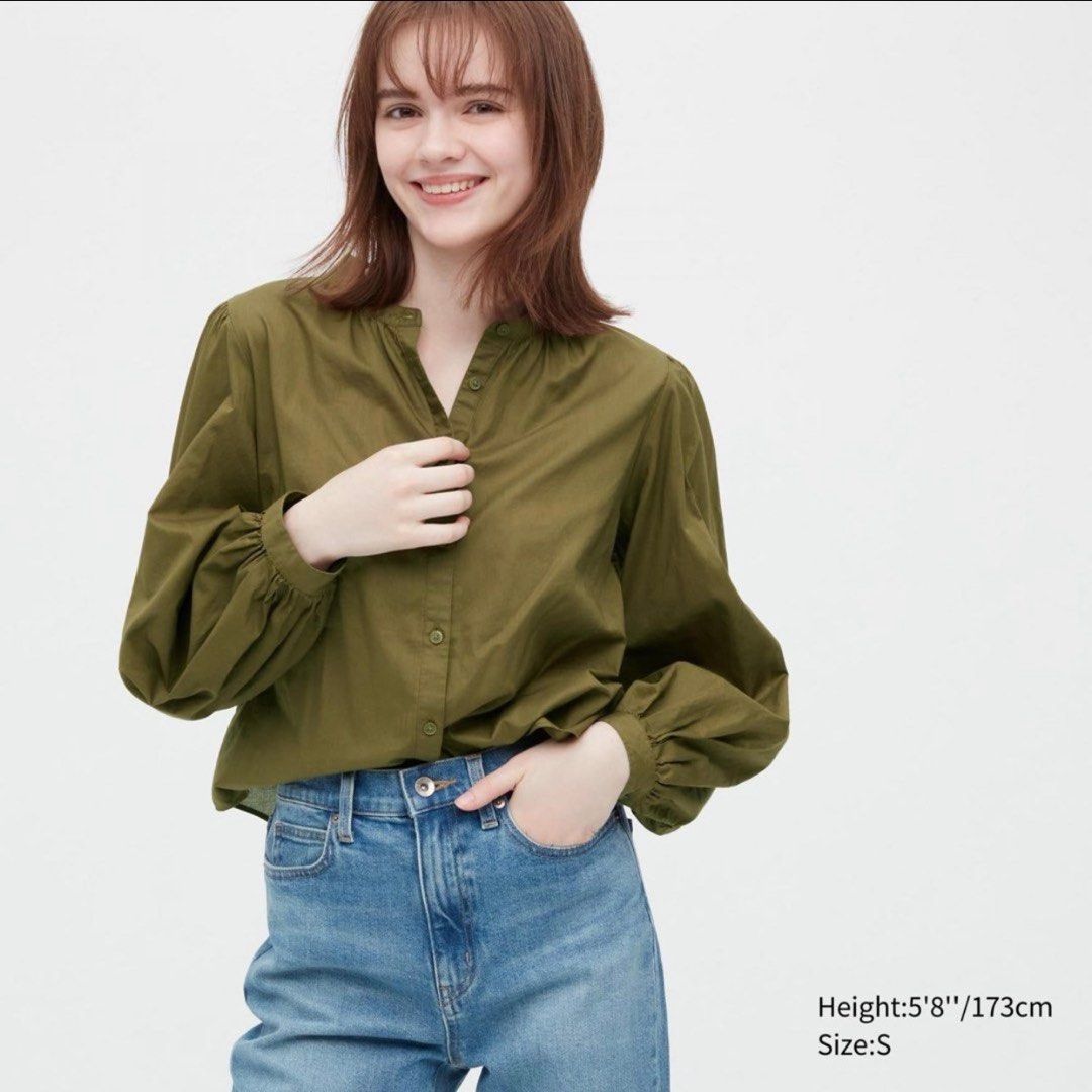 Uniqlo Cotton Volume Long-Sleeve Blouse in Olive