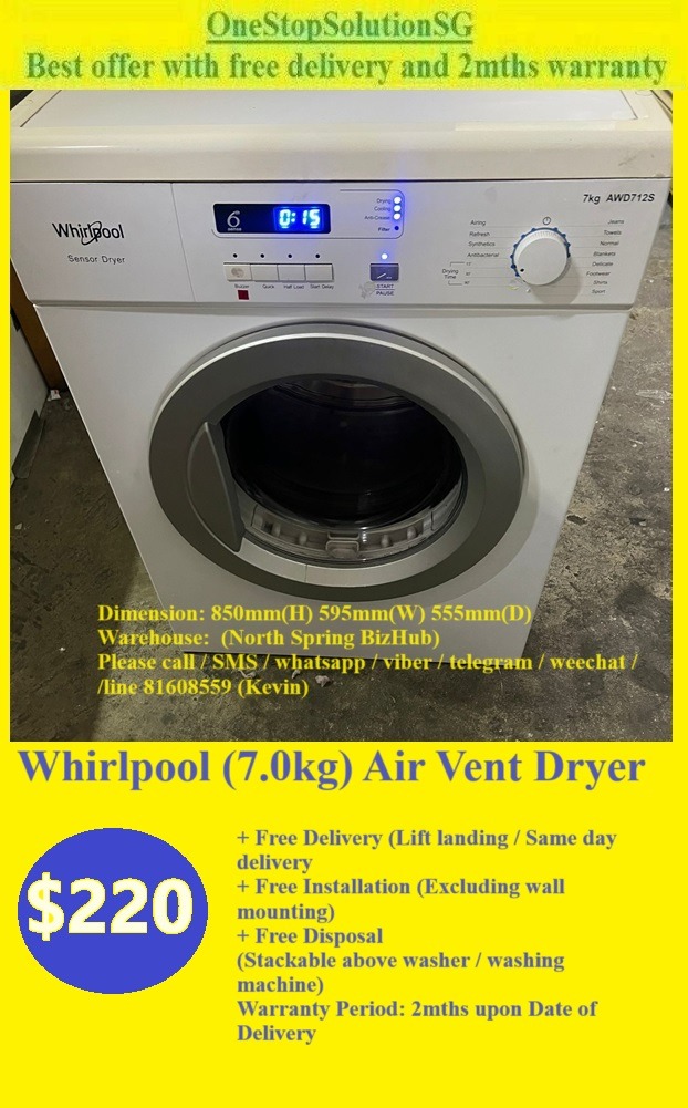 Whirlpool (7.0kg) Air Vent Dryer (220 + Free Delivery and 2mth