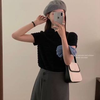 秋冬款半高領橫條緹花毛毛上衣 黑色🛒