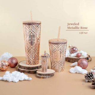 Starbucks Christmas Rose Gold Chrome Jeweled Tumbler Set 